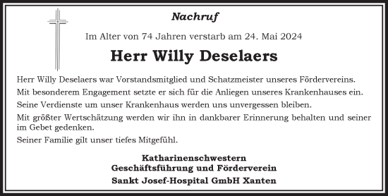 Traueranzeige von Willy Deselaers von NNA