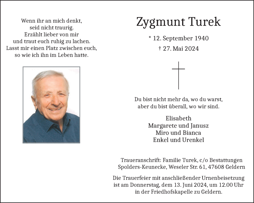  Traueranzeige für Zygmunt Turek vom 08.06.2024 aus NNA