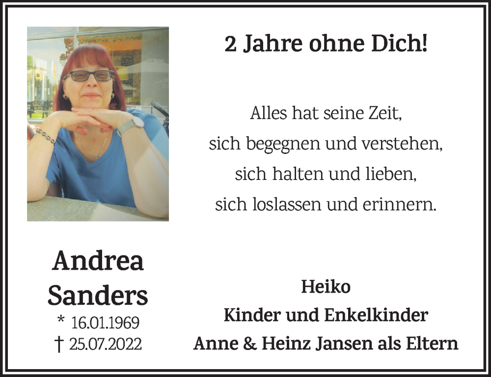  Traueranzeige für Andrea Sanders vom 24.07.2024 aus NNA