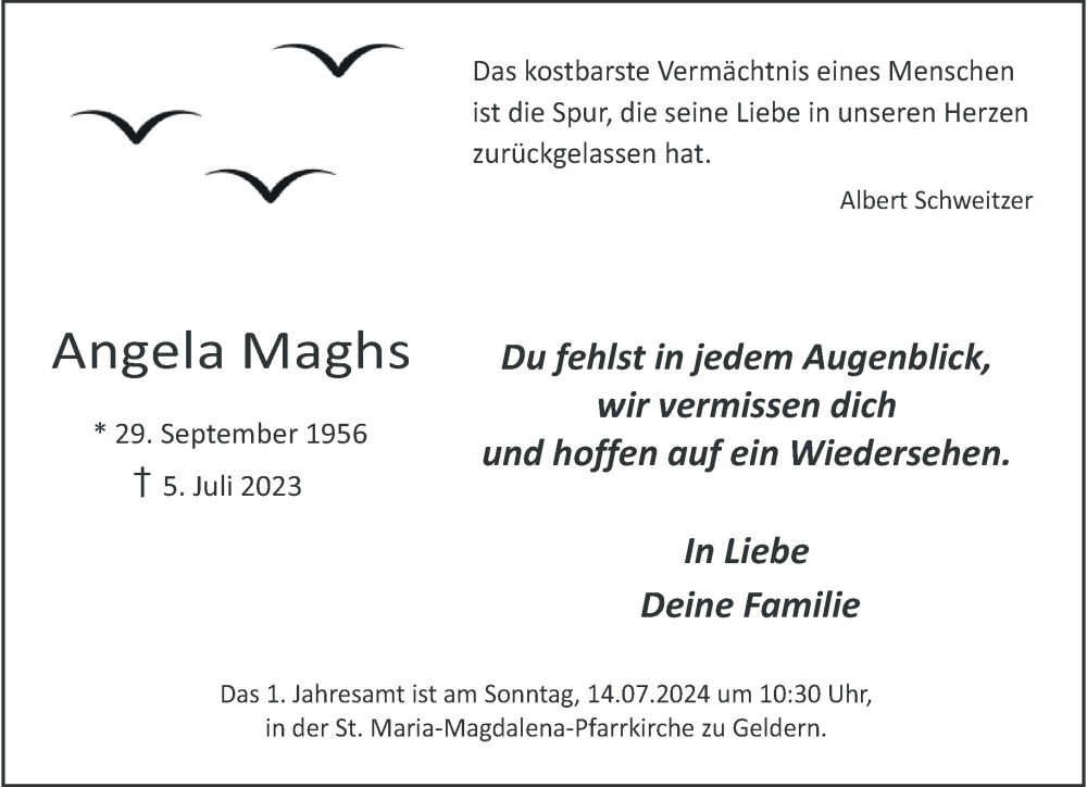  Traueranzeige für Angela Maghs vom 06.07.2024 aus NNA