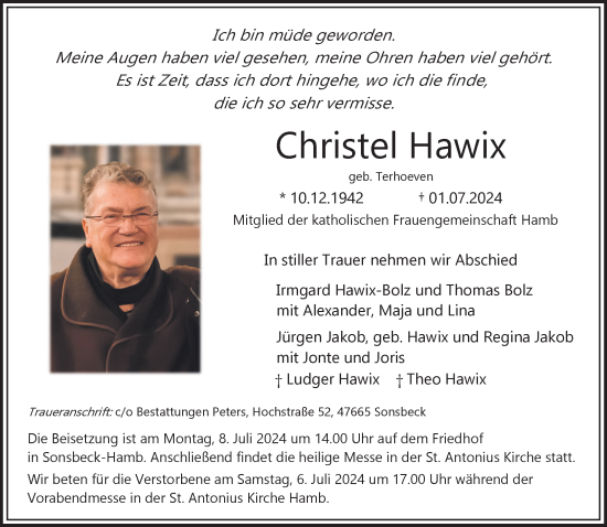Traueranzeige von Christel Hawix von NNA
