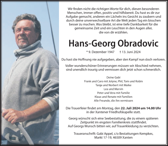 Traueranzeige von Hans-Georg Obradovic von NNA