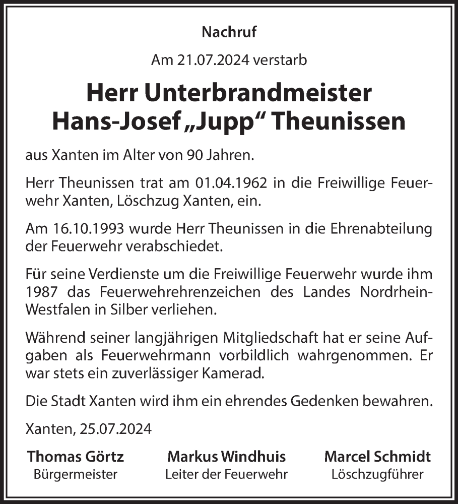 Traueranzeige für Hans-Josef Theunissen vom 27.07.2024 aus NNA
