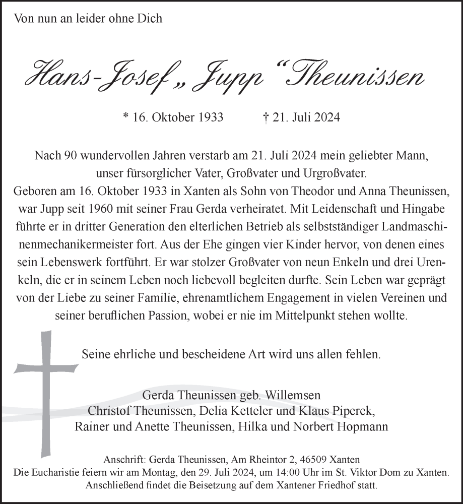  Traueranzeige für Hans-Josef Theunissen vom 27.07.2024 aus NNA