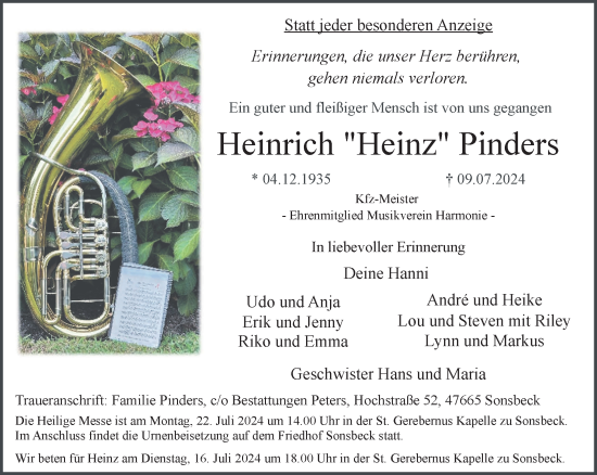 Traueranzeige von Heinrich Pinders von NNA