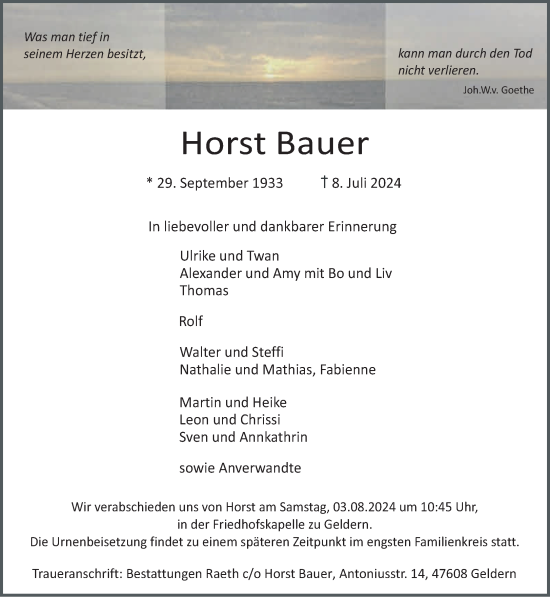 Traueranzeige von Horst Bauer von NNA