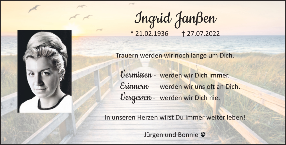  Traueranzeige für Ingrid Janßen vom 27.07.2024 aus NNA