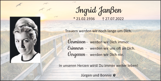 Traueranzeige von Ingrid Janßen von NNA