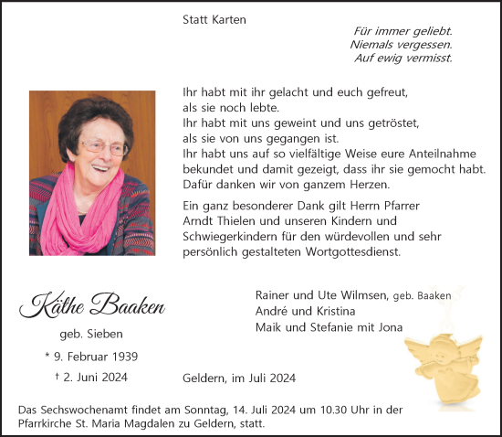 Traueranzeige von Käthe Baaken von NNA