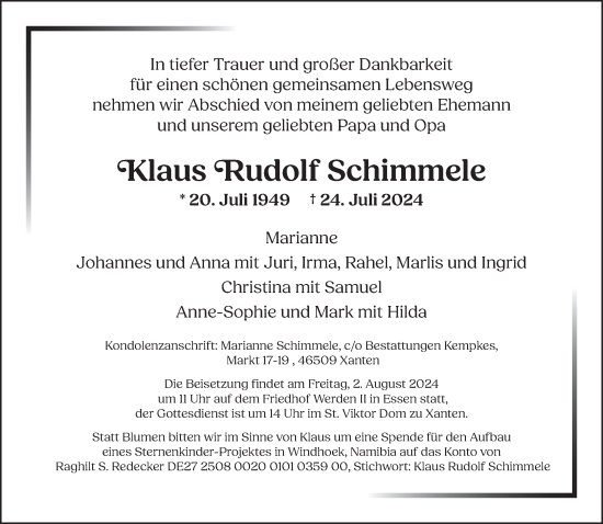 Traueranzeige von Klaus Rudolf Schimmele von NNA