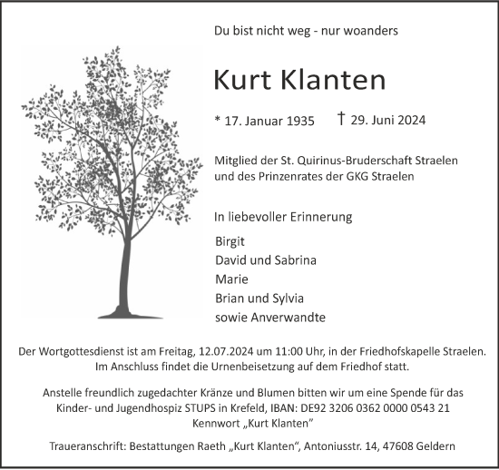 Traueranzeige von Kurt Klanten von NNA