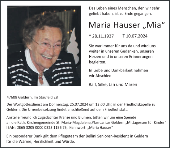 Traueranzeige von Maria Hauser von NNA