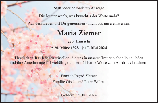 Traueranzeige von Maria Ziemer von NNA