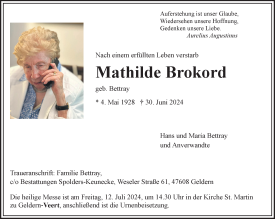 Traueranzeige von Mathilde Brokord von NNA