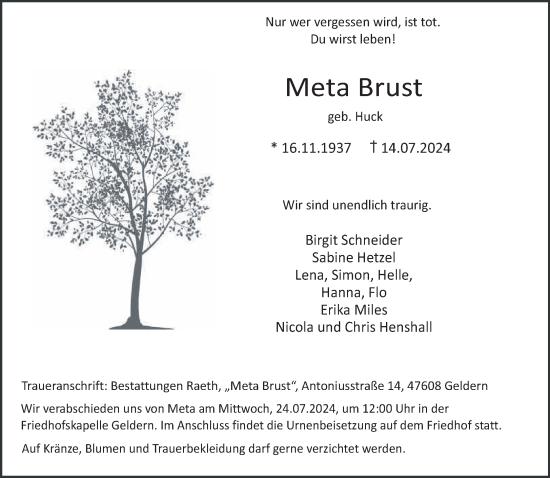Traueranzeige von Meta Brust von NNA