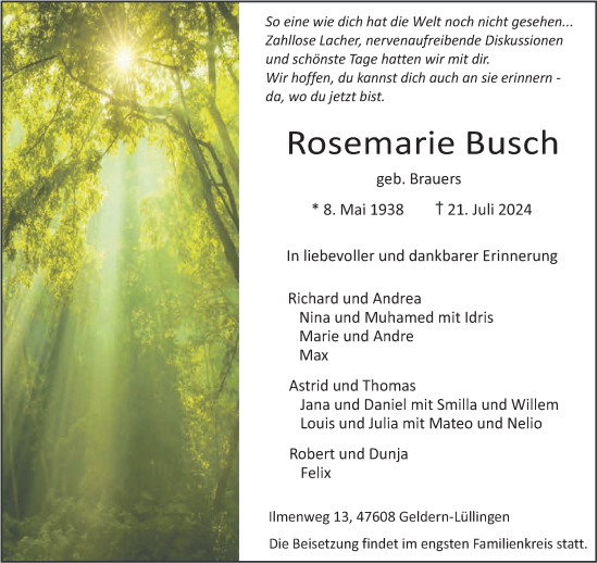 Traueranzeige von Rosemarie Busch von NNA