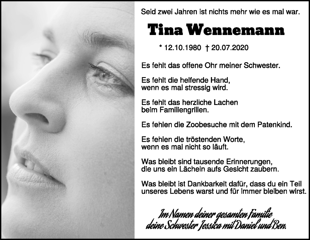  Traueranzeige für Tina Wennemann vom 20.07.2024 aus NNA