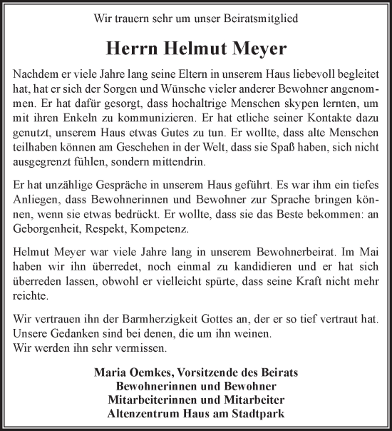 Traueranzeige von Helmut Meyer von NNA