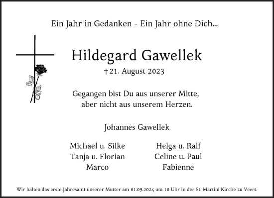 Traueranzeige von Hildegard Gawellek von NNA