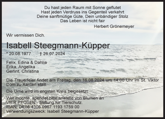 Traueranzeige von Isabell Steegmann-Küpper von NNA