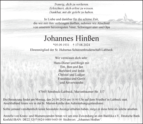 Traueranzeige von Johannes Hießen von NNA