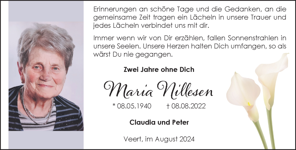  Traueranzeige für Maria Nillesen vom 10.08.2024 aus NNA