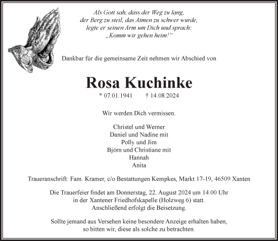 Traueranzeige von Rosa Kuchinke von NNA