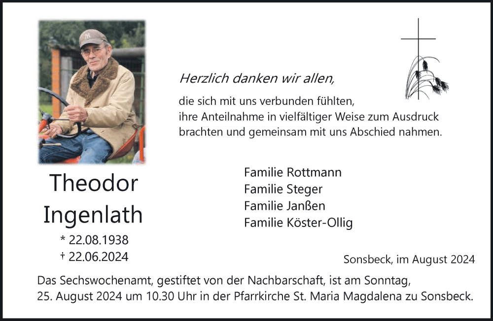  Traueranzeige für Theodor Ingenlath vom 17.08.2024 aus NNA