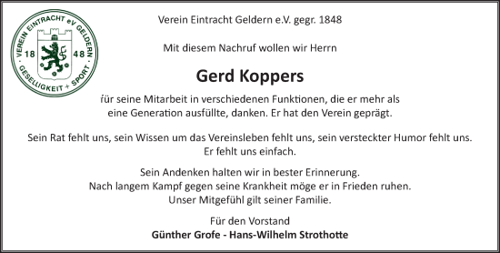 Traueranzeige von Gerd Koppers von NNA