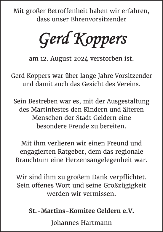 Traueranzeige von Gerd Koppers von NNA