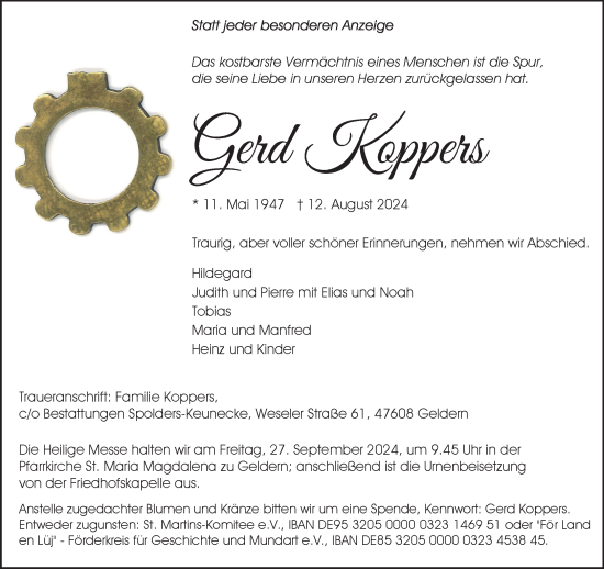 Traueranzeige von Gerd Koppers von NNA