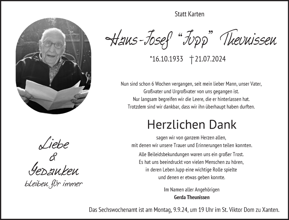  Traueranzeige für Hans-Josef Theunissen vom 07.09.2024 aus NNA