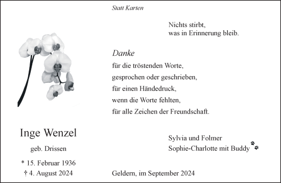 Traueranzeige von Inge Wenzel von NNA