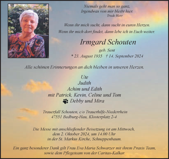 Traueranzeige von Irmgard Schouten von NNA