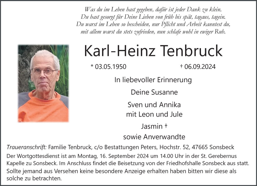  Traueranzeige für Karl-Heinz Tenbruck vom 14.09.2024 aus NNA