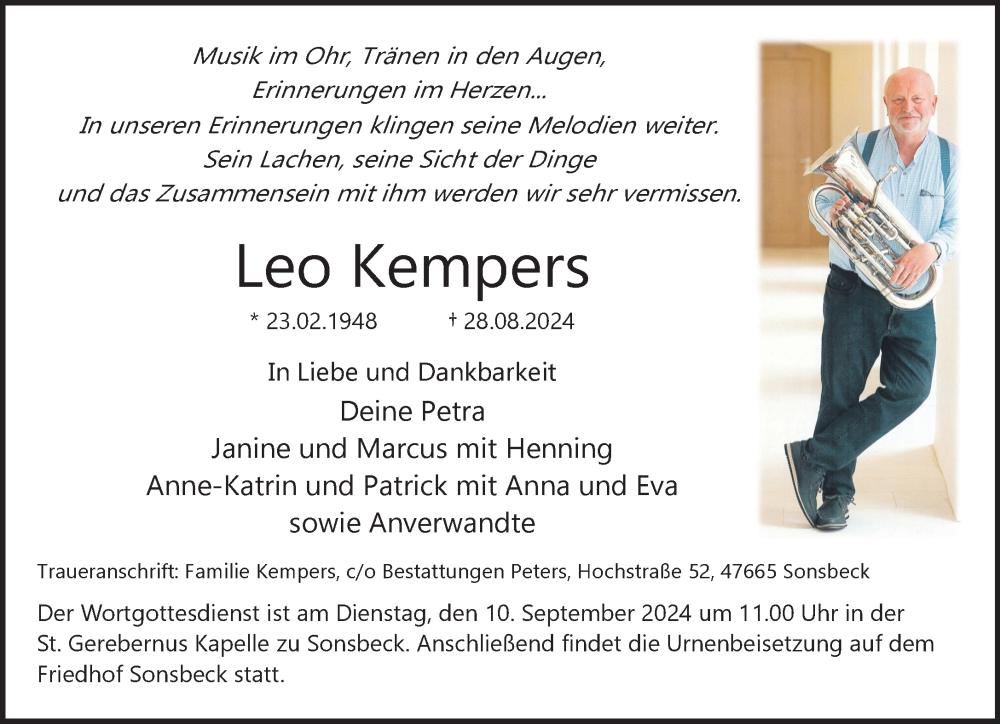  Traueranzeige für Leo Kempers vom 07.09.2024 aus NNA