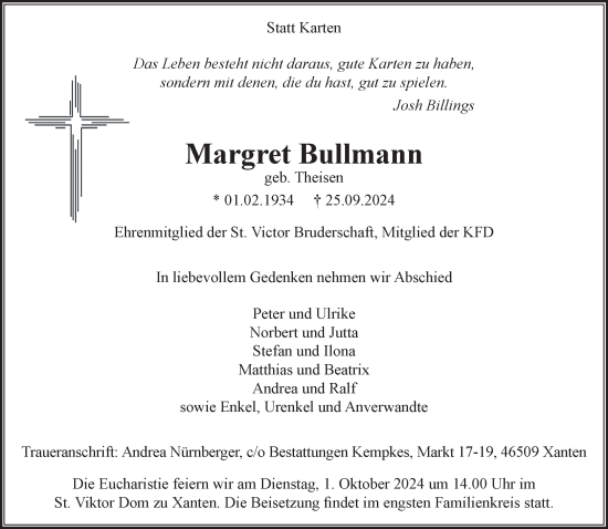 Traueranzeige von Margret Bullmann von NNA