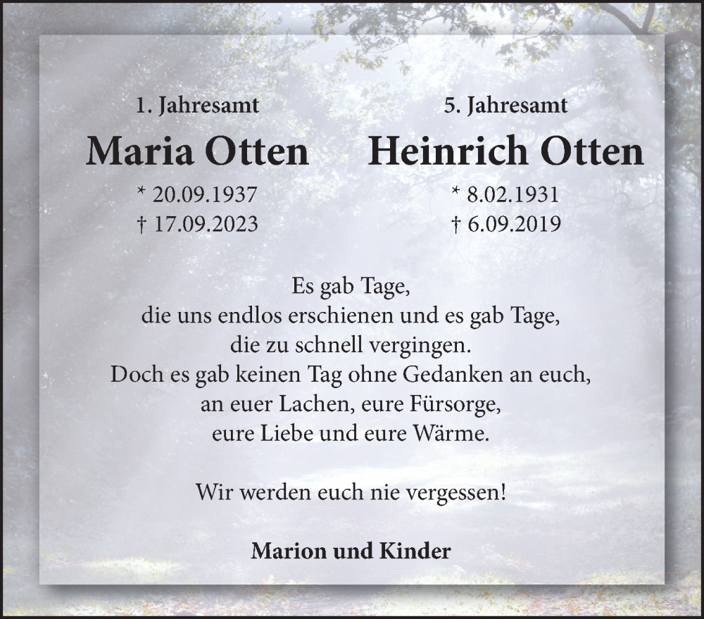  Traueranzeige für Maria und Heinrich Otten vom 21.09.2024 aus NNA