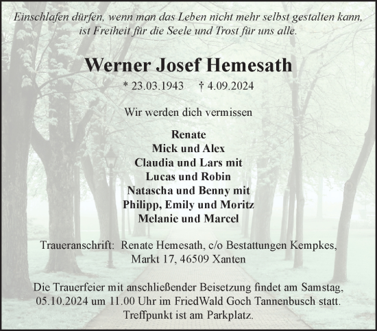 Traueranzeige von Werner Josef Hemesath von NNA