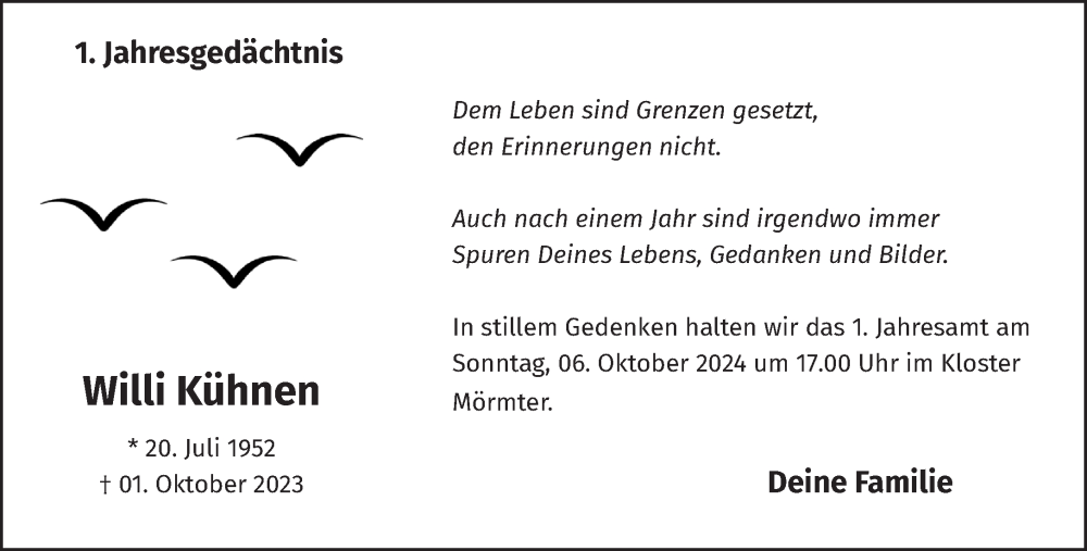  Traueranzeige für Willi Kühnen vom 28.09.2024 aus NNA