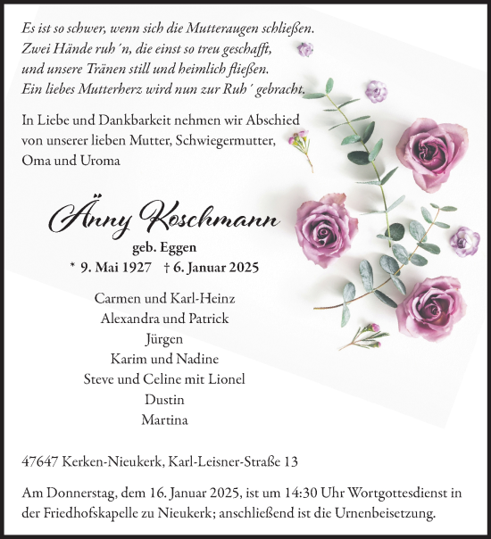 Traueranzeige von Änny Koschmann von NNA
