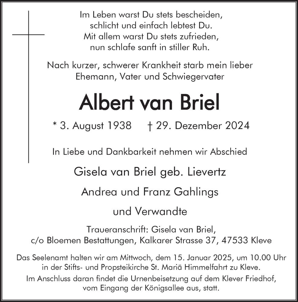  Traueranzeige für Albert van Briel vom 08.01.2025 aus NNA
