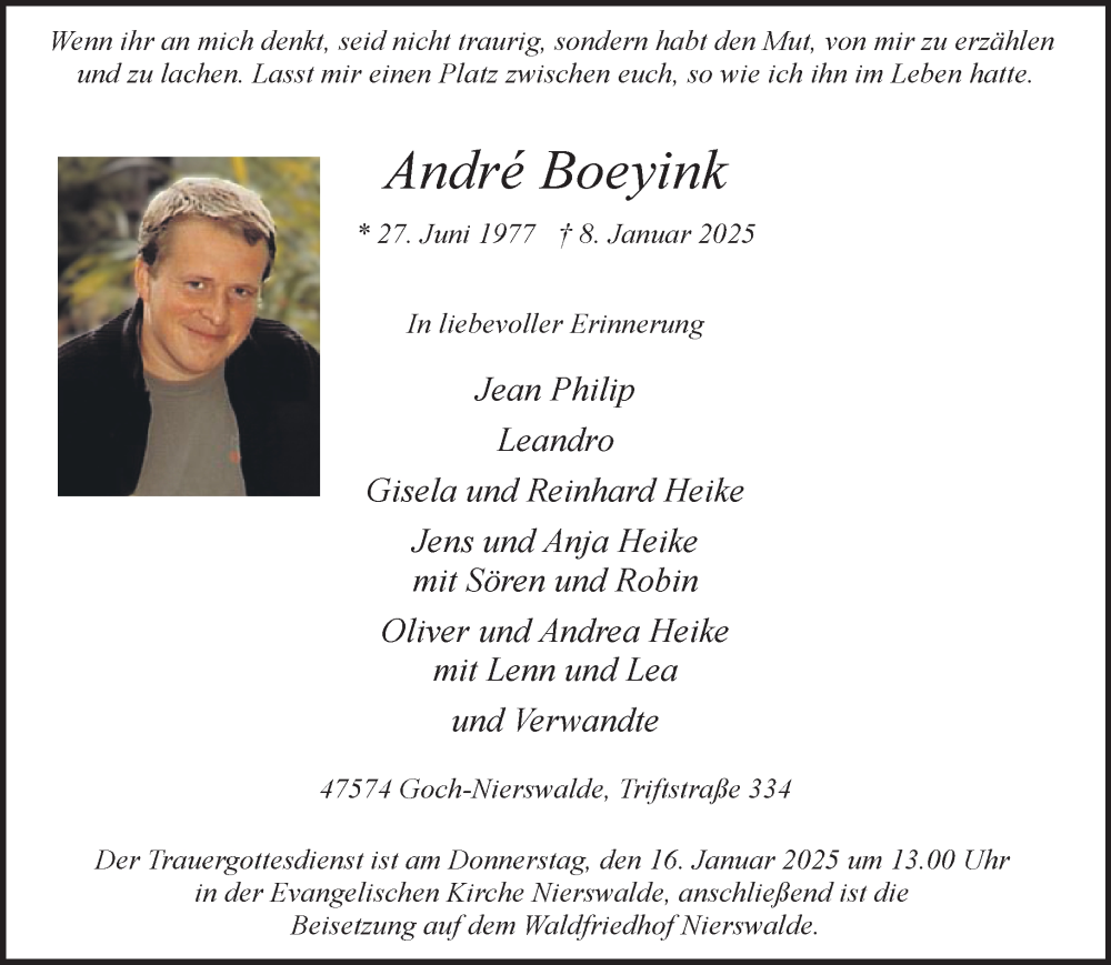  Traueranzeige für Andre Boeyink vom 15.01.2025 aus NNA