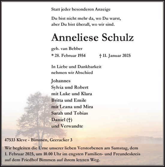 Traueranzeige von Anneliese Schulz von NNA