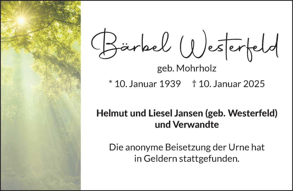  Traueranzeige für Bärbel Westerfeld vom 29.01.2025 aus NNA