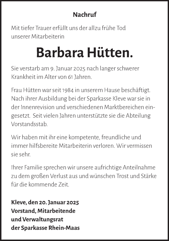 Traueranzeige von Barbara Hütten von NNA