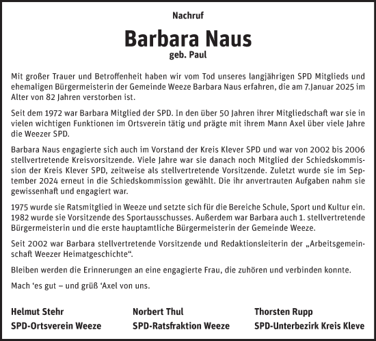 Traueranzeige von Barbara Naus von NNA
