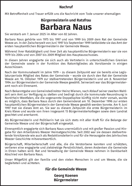 Traueranzeige von Barbara Naus von NNA