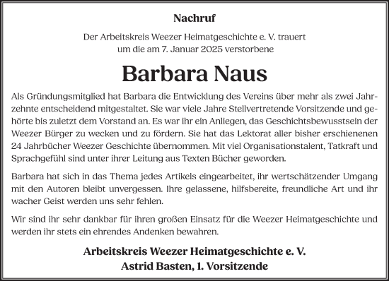 Traueranzeige von Barbara Naus von NNA