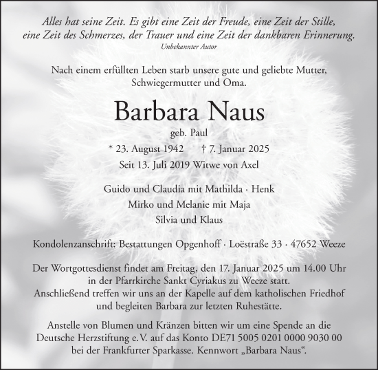 Traueranzeige von Barbara Naus von NNA